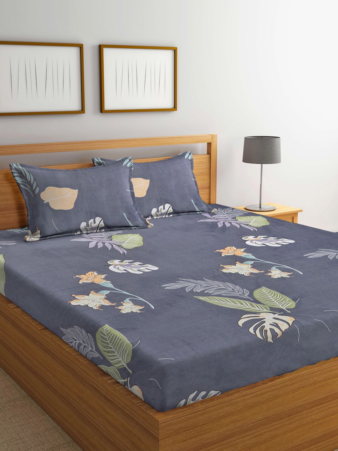 

FABINALIV Grey & Green Floral Printed 300 TC King Bedsheet & 2 Pillow Covers