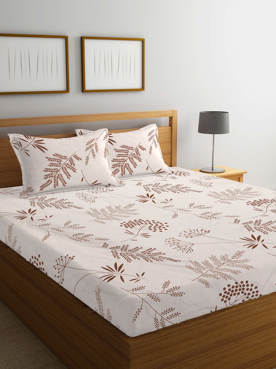 

FABINALIV Cream-Coloured & Brown Floral Print 300 TC King Size Bedsheet & 2 Pillow Covers
