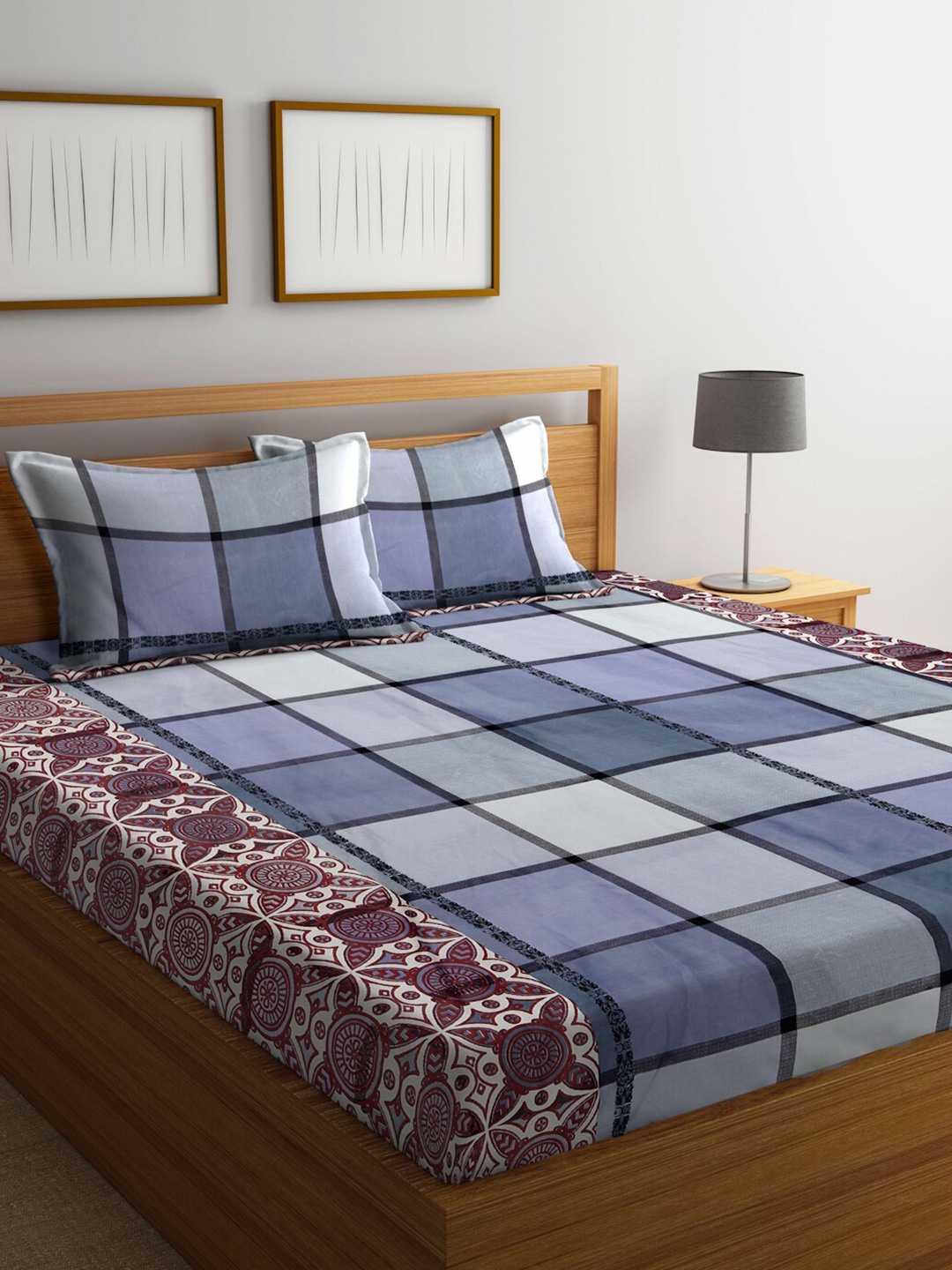 

FABINALIV Blue & Burgundy Geometric Printed 300 TC King Bedsheet & 2 Pillow Covers