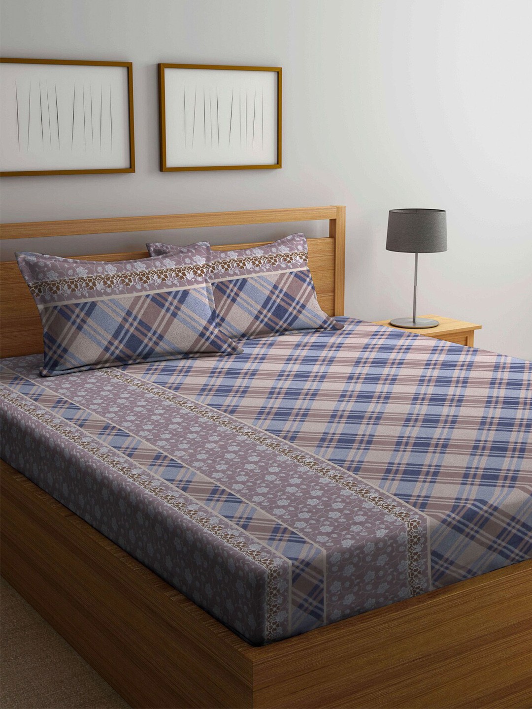 

FABINALIV Grey & Blue Geometric Printed 300 TC King Bedsheet & 2 Pillow Covers