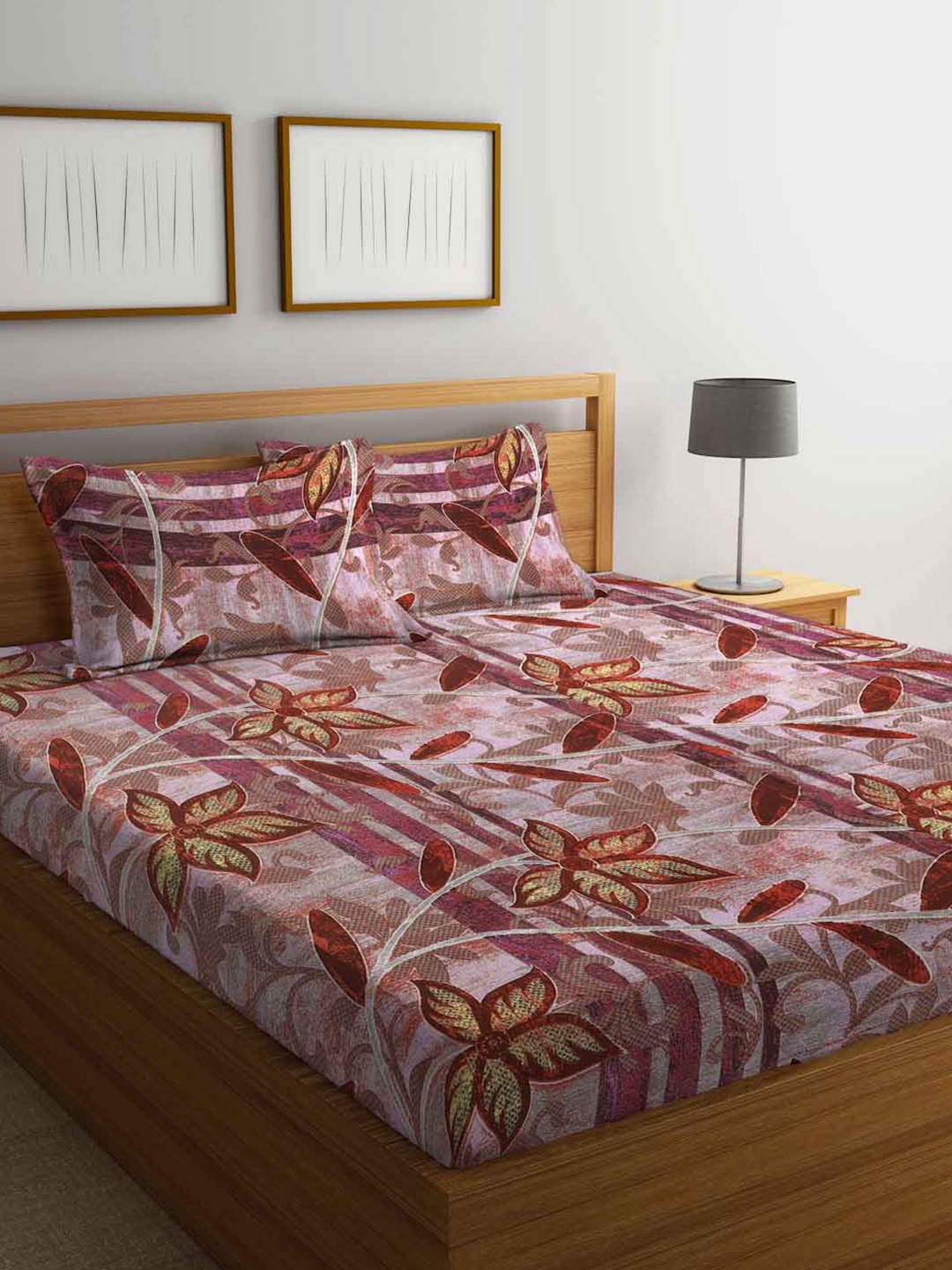 

FABINALIV Purple & Pink Floral 300 TC King Bedsheet With 2 Pillow Covers