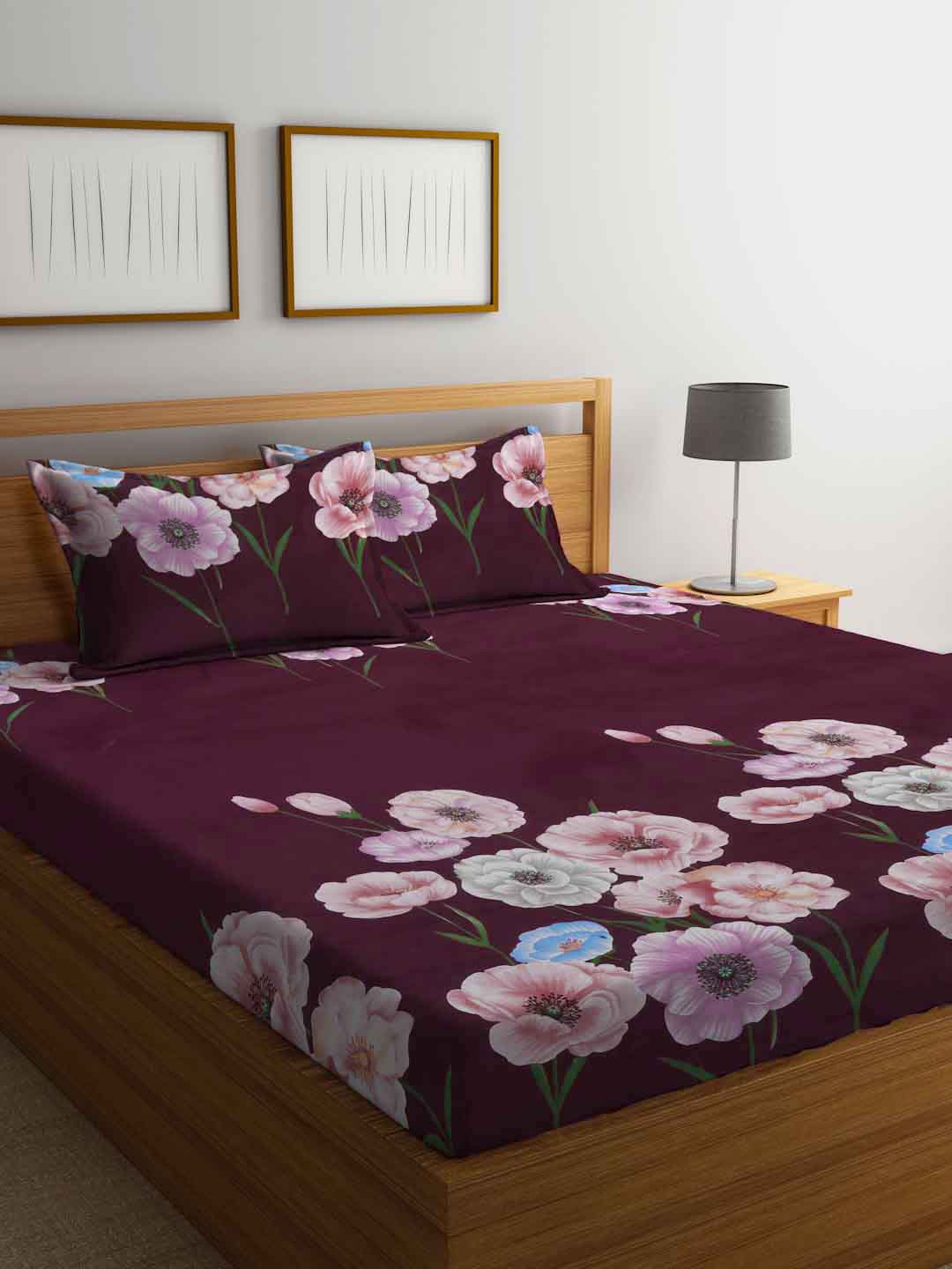 

FABINALIV Maroon & Pink Floral 300 TC King Bedsheet With 2 Pillow Covers