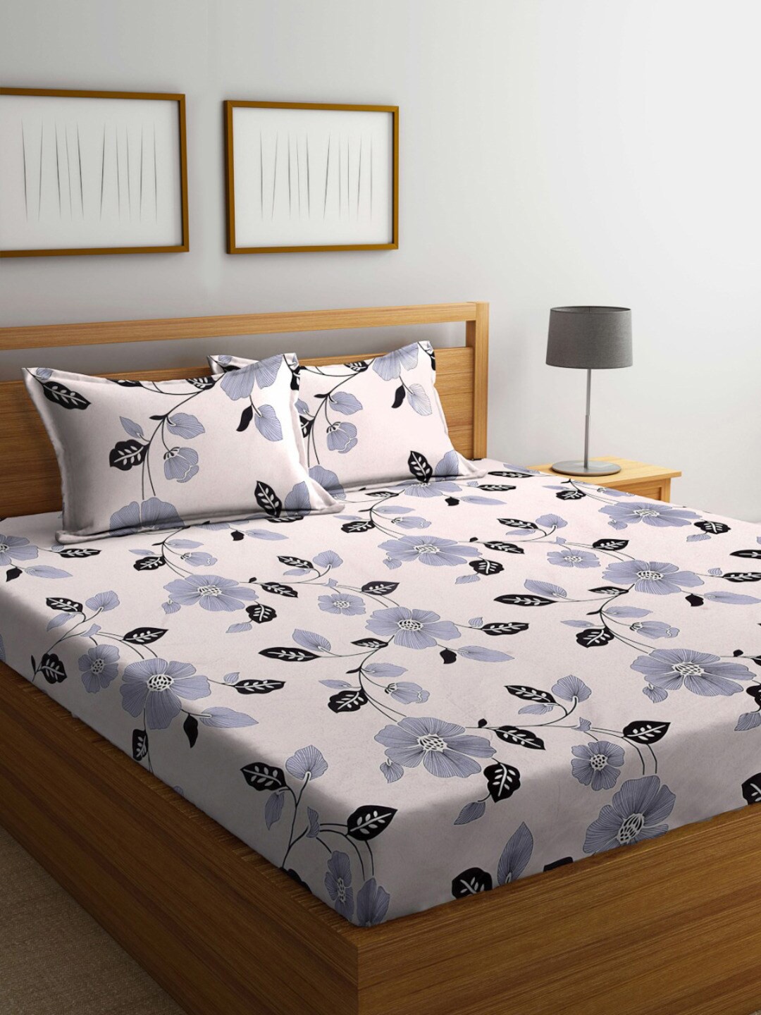 

FABINALIV Cream-Coloured & Grey Floral 300 TC King Bedsheet With 2 Pillow Covers