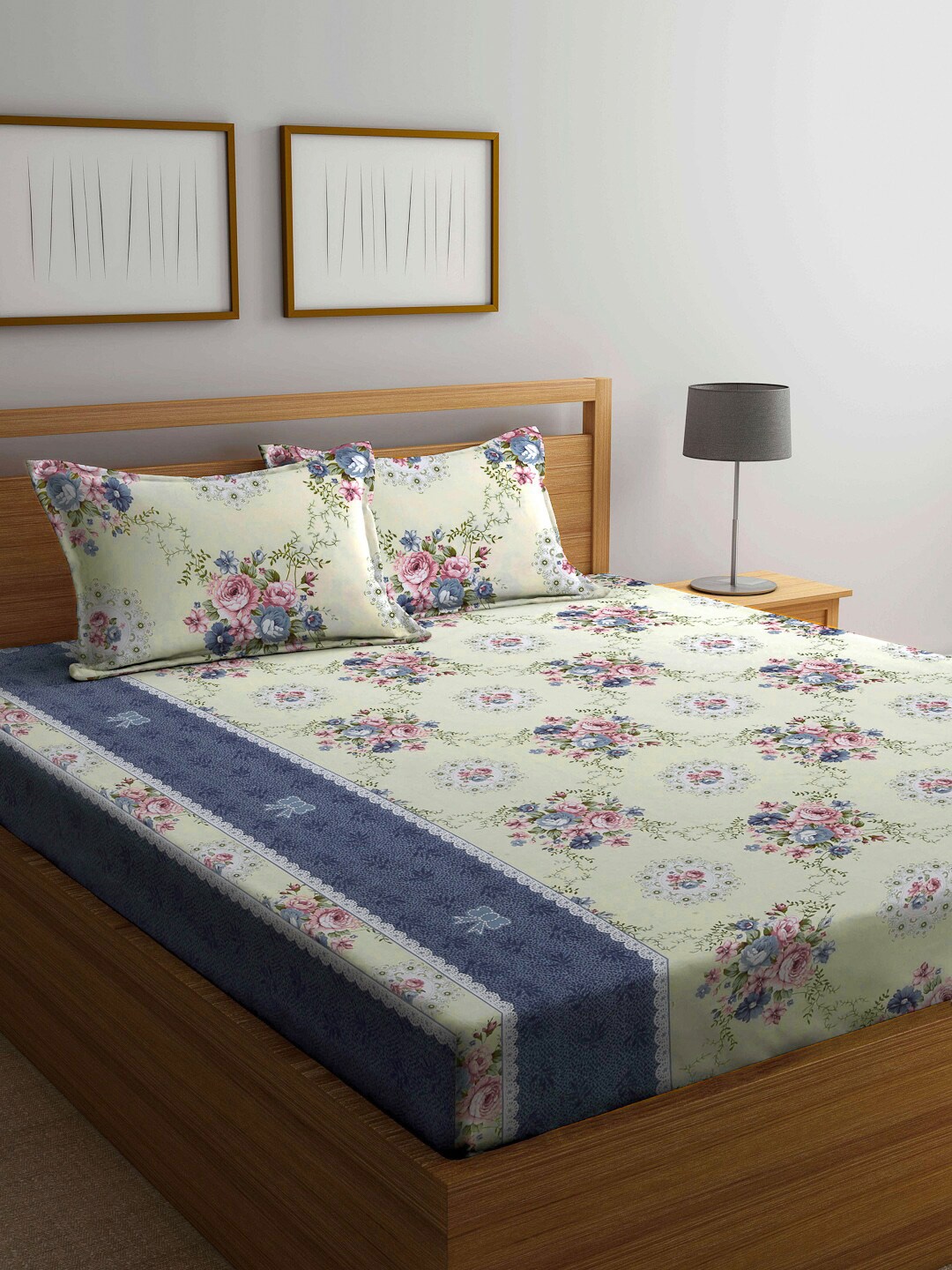 

FABINALIV Green & Blue Floral Printed 300 TC King Bedsheet & 2 Pillow Covers