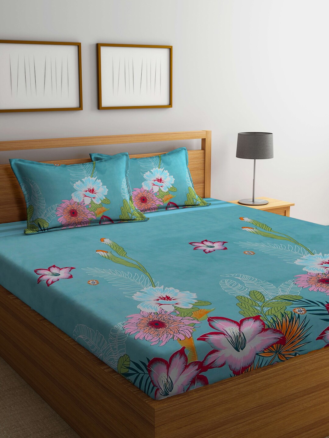 

FABINALIV Teal & Pink Floral 300 TC King Bedsheet With 2 Pillow Covers