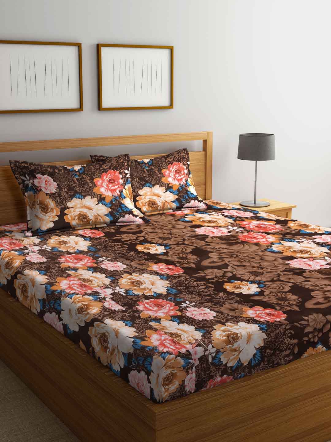 

FABINALIV Brown & Red Floral Print 300 TC King Size Bedsheet & 2 Pillow Covers