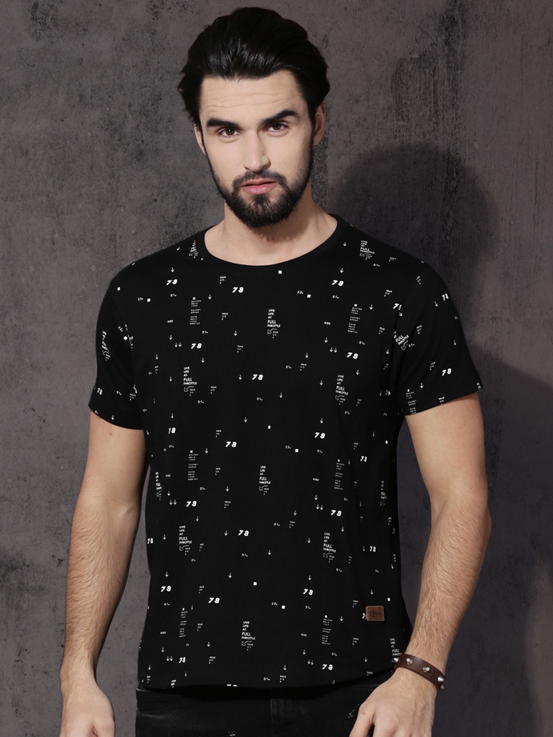 

Roadster Men Black All-Over-Printed Cotton Pure Cotton T-shirt