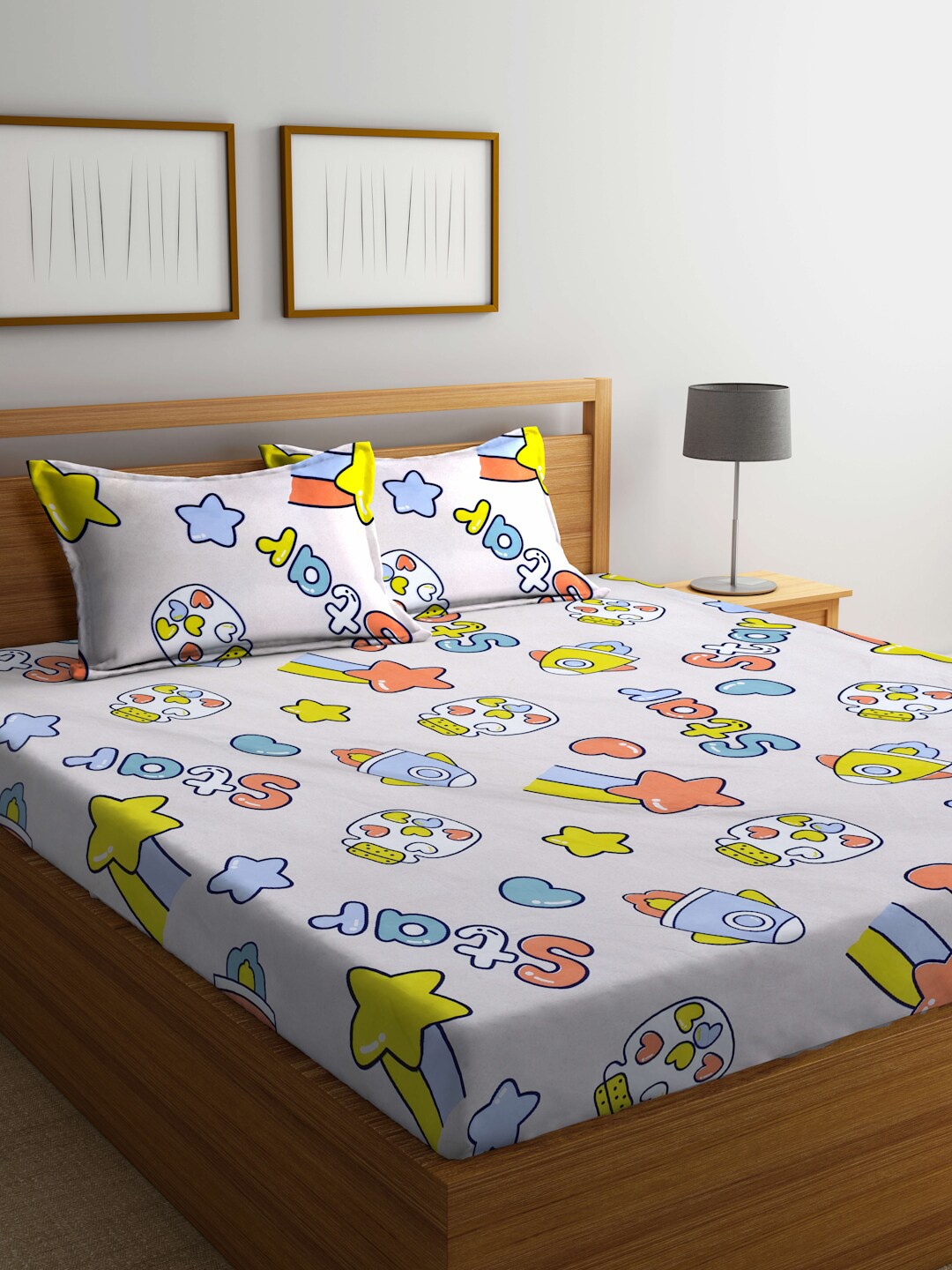 

FABINALIV White & Blue Cartoon Print 300 TC King Size Bedsheet & 2 Pillow Covers