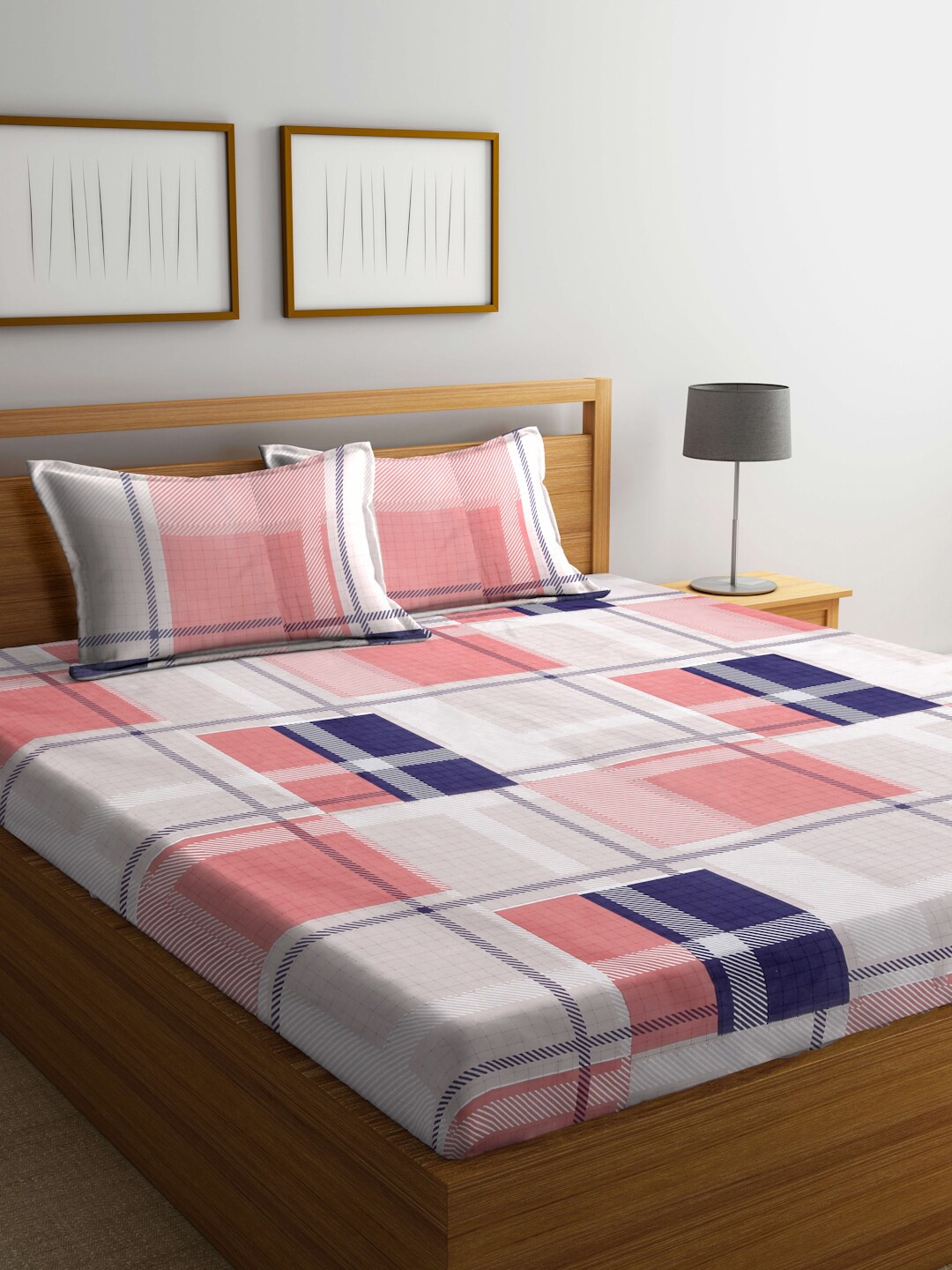 

FABINALIV White & Pink Geometric 300 TC King Bedsheet With 2 Pillow Covers