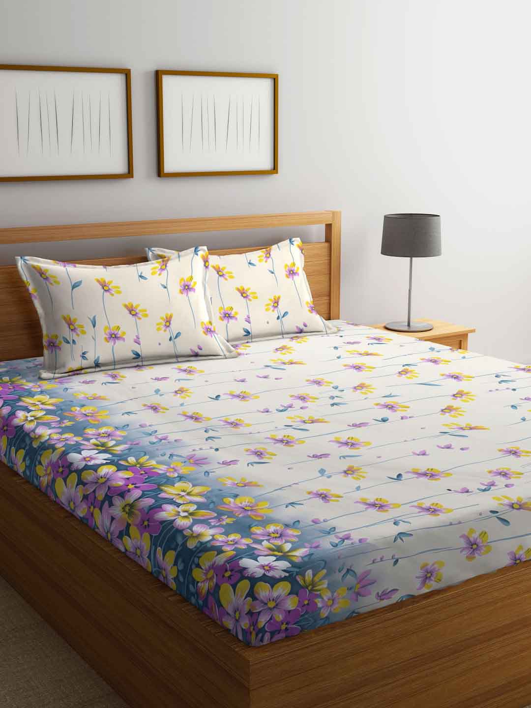 

FABINALIV Cream-Coloured & Yellow Floral Printed 300 TC King Bedsheet & 2 Pillow Covers