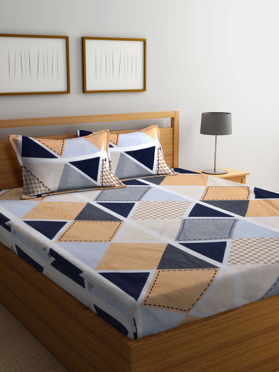 

FABINALIV Blue & White Geometric 300 TC King Bedsheet With 2 Pillow Covers