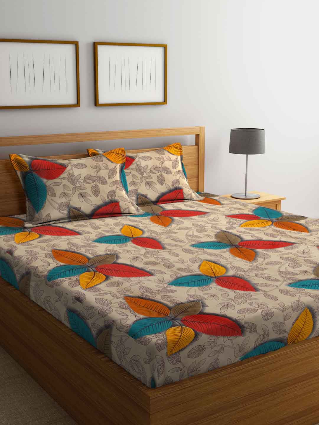 

FABINALIV Beige & Red Floral Printed 300 TC King Bedsheet & 2 Pillow Covers