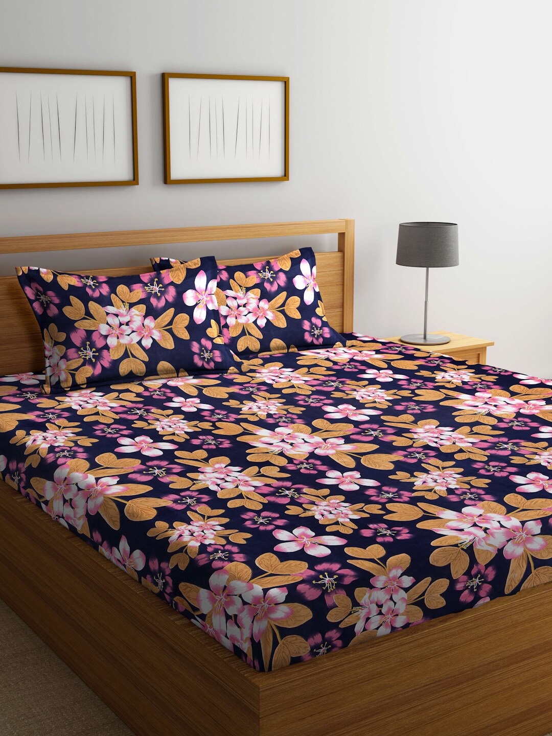 

FABINALIV Blue & Orange Floral Printed 300 TC King Bedsheet & 2 Pillow Covers