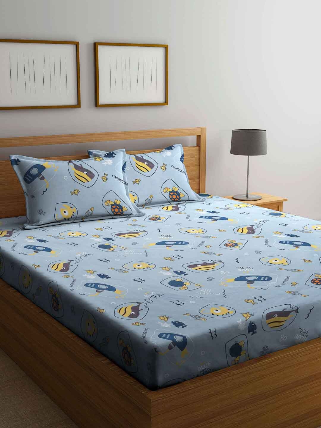 

FABINALIV Blue & Yellow Cartoon Printed 300 TC King Size Bedsheet & 2 Pillow Covers