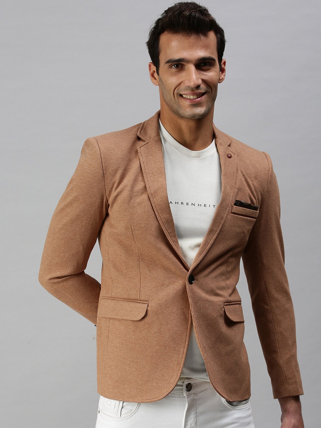 

SHOWOFF Notched Lapel Collar Self Design Open Front Casual Blazer, Brown