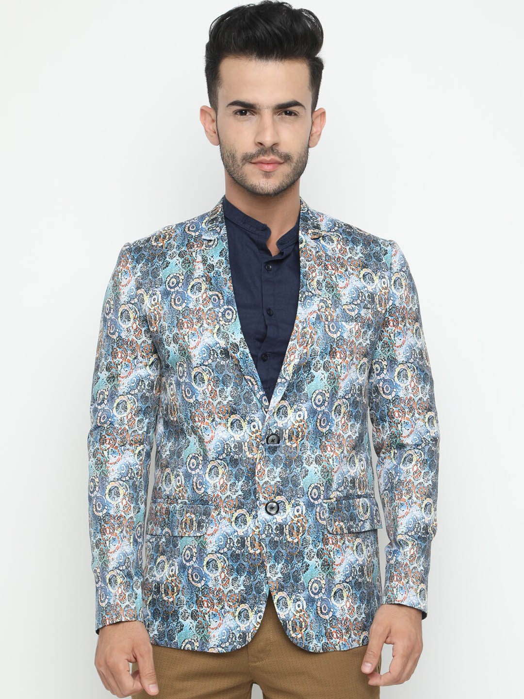 

SHOWOFF Men Printed Single-Breasted Cotton Blazer, Blue