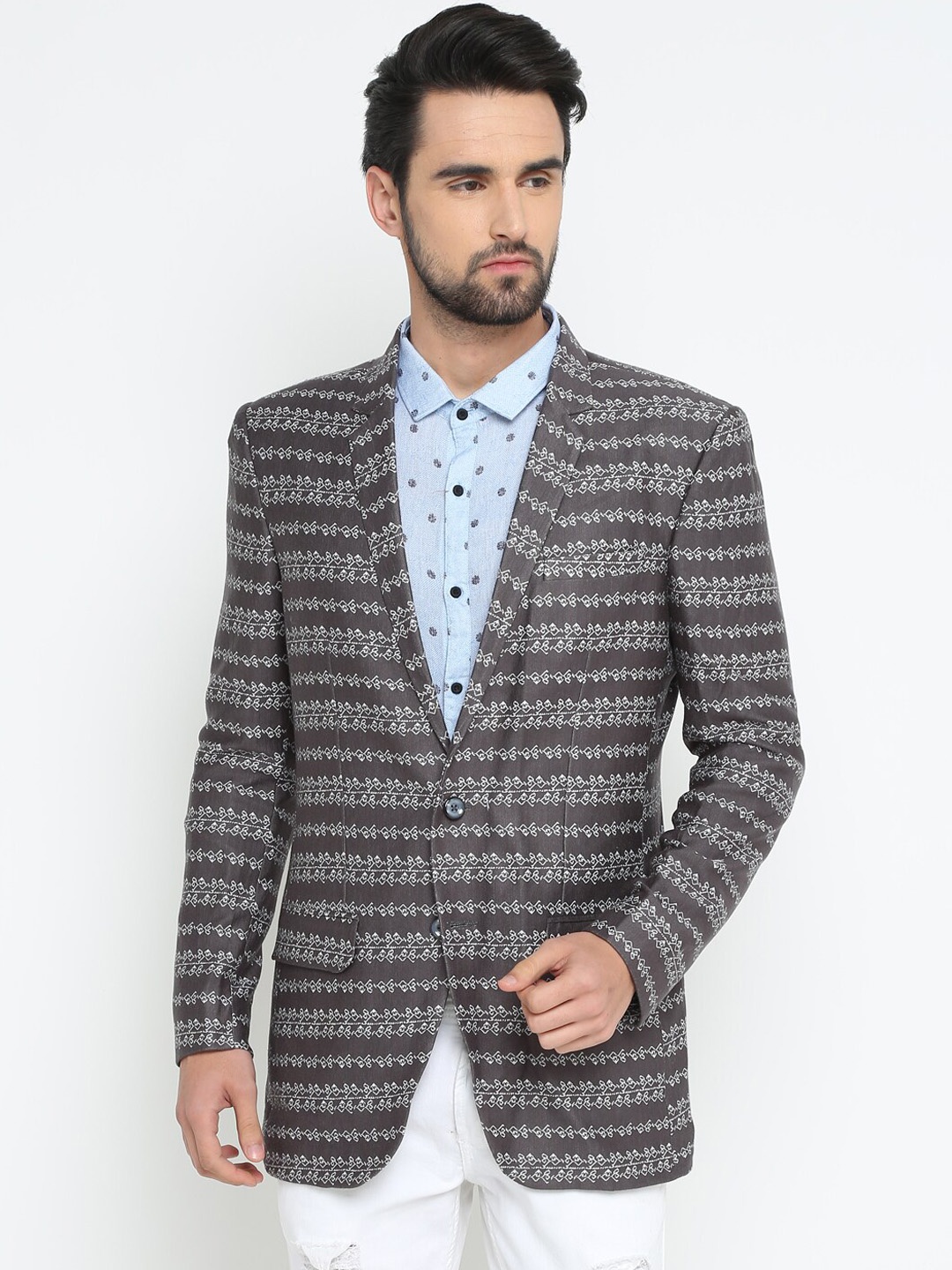 

SHOWOFF Men Printed Single-Breasted Cotton Blazer, Grey