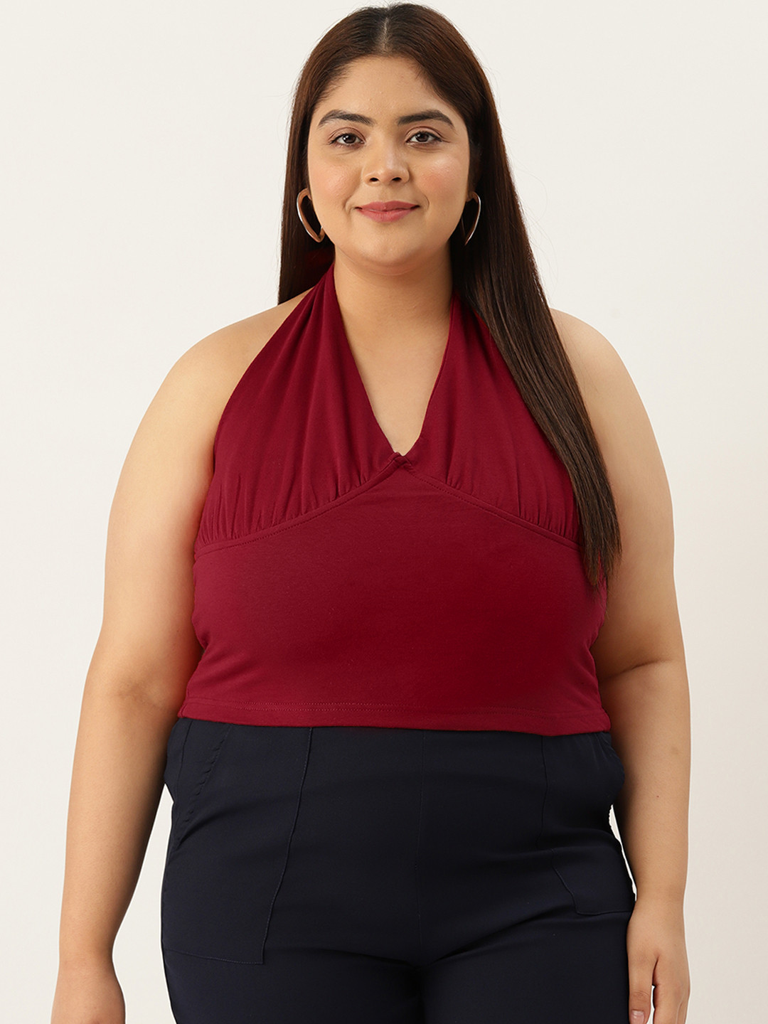 

theRebelinme Plus Size Halter Neck Cotton Crop Top, Maroon