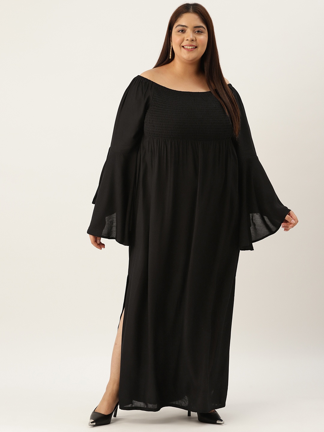 

theRebelinme Plus Size Off-Shoulder Flared Sleeve A-Line Maxi Dress, Black
