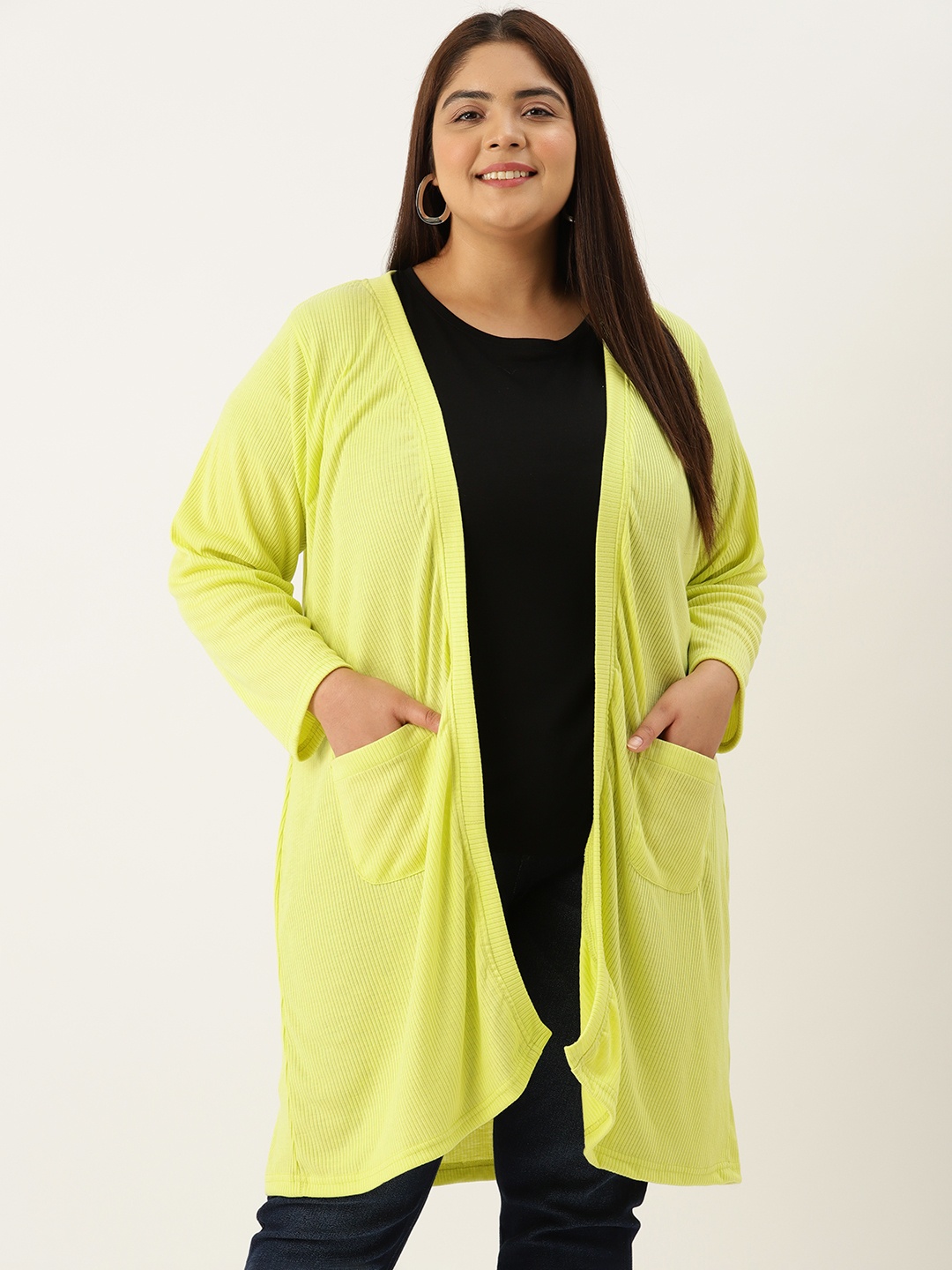 

theRebelinme Plus Size Women Cotton Front-Open Longline Shrug, Lime green