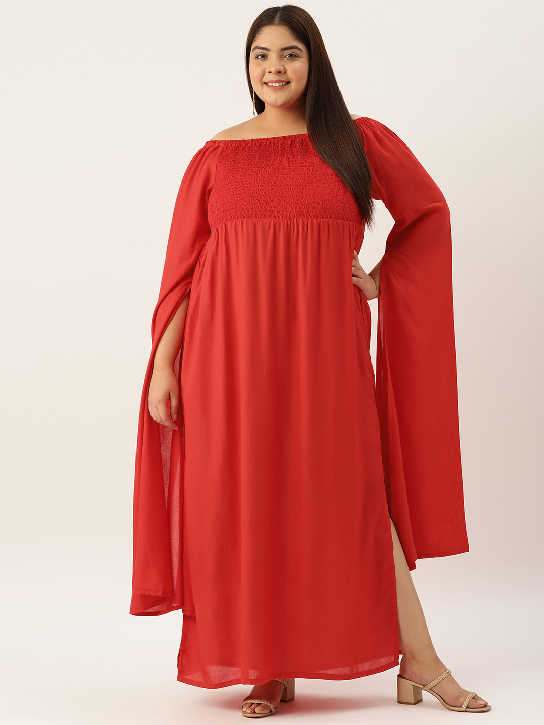 

theRebelinme Plus Size Off-Shoulder Flared Sleeve A-Line Midi Dress, Red