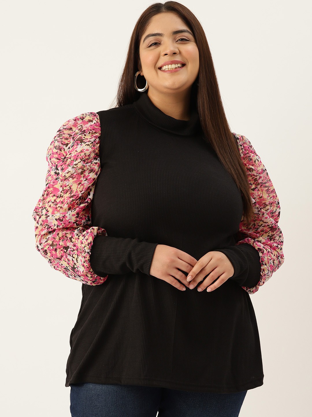 

theRebelinme Plus Size Print Puff Sleeves High Neck Cotton Georgette Longline Top, Pink