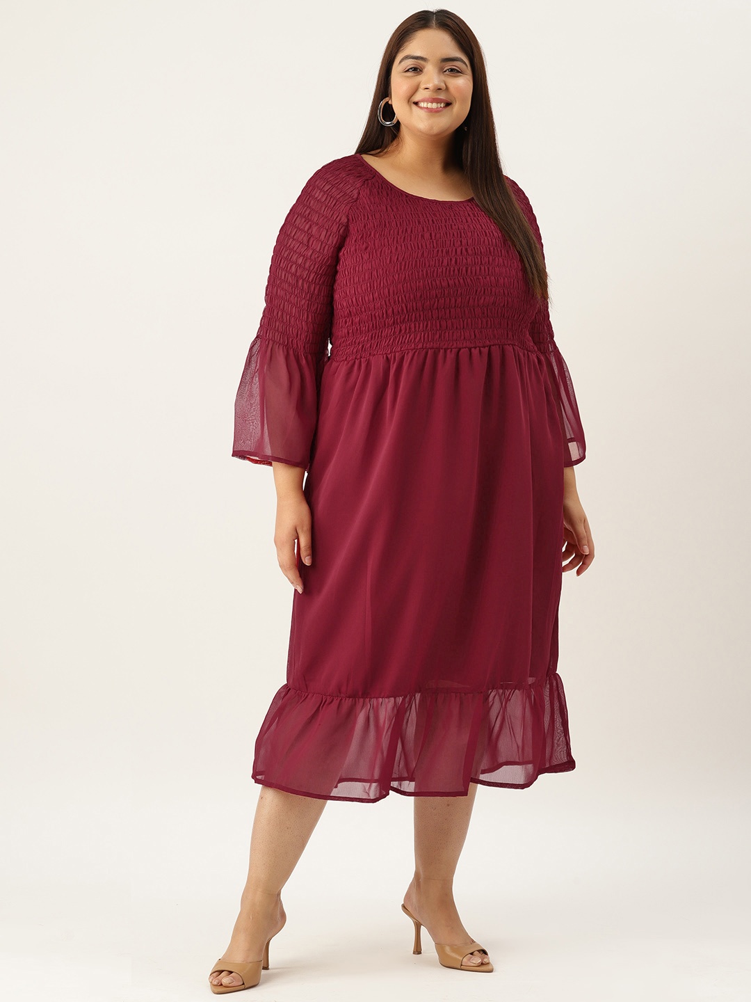 

theRebelinme Plus Size Georgette Smocked Bell Sleeve A-Line Midi Dress, Maroon