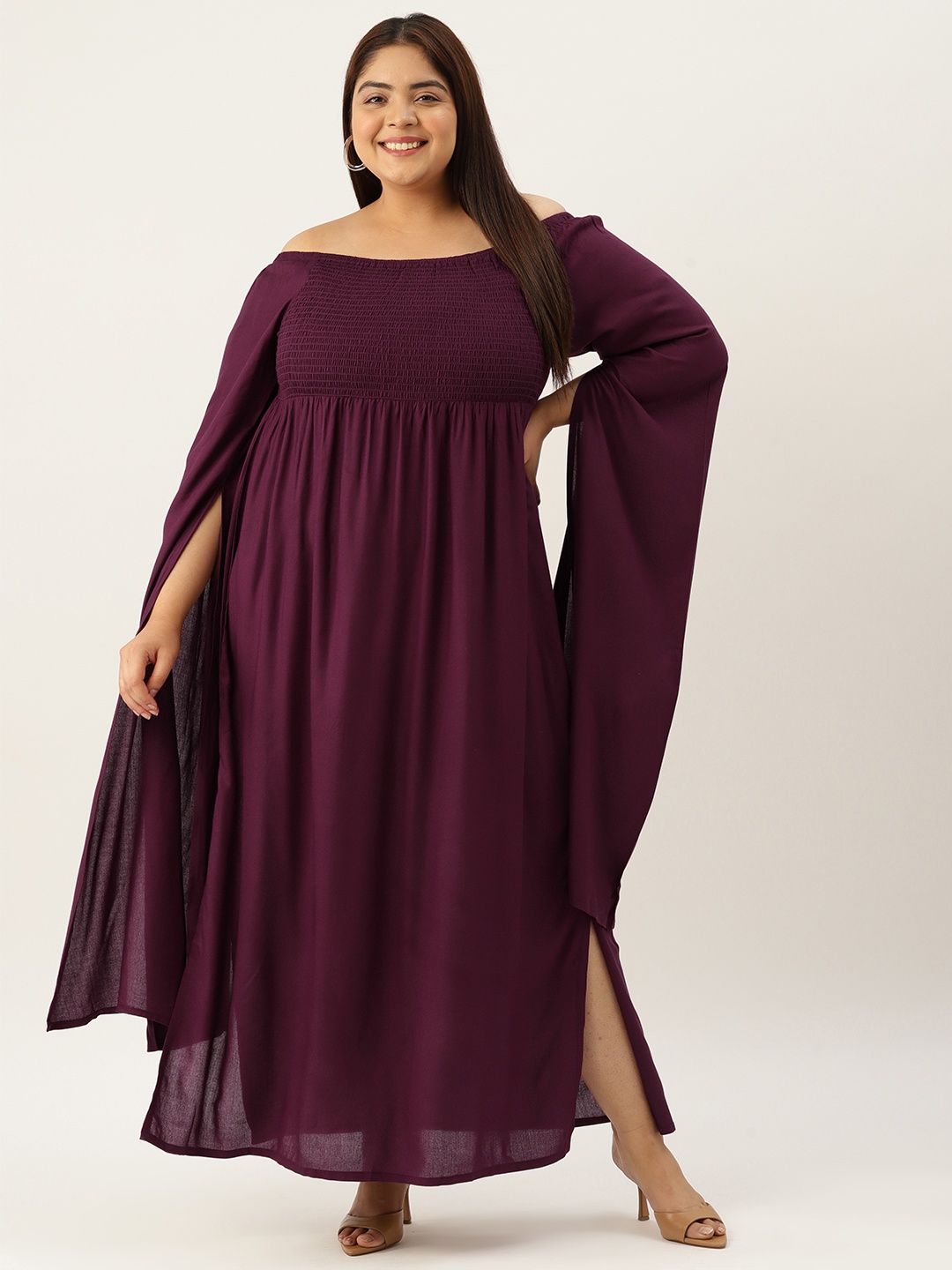 

theRebelinme Plus Size Smocked Off-Shoulder Slit Sleeve A-Line Midi Dress, Burgundy