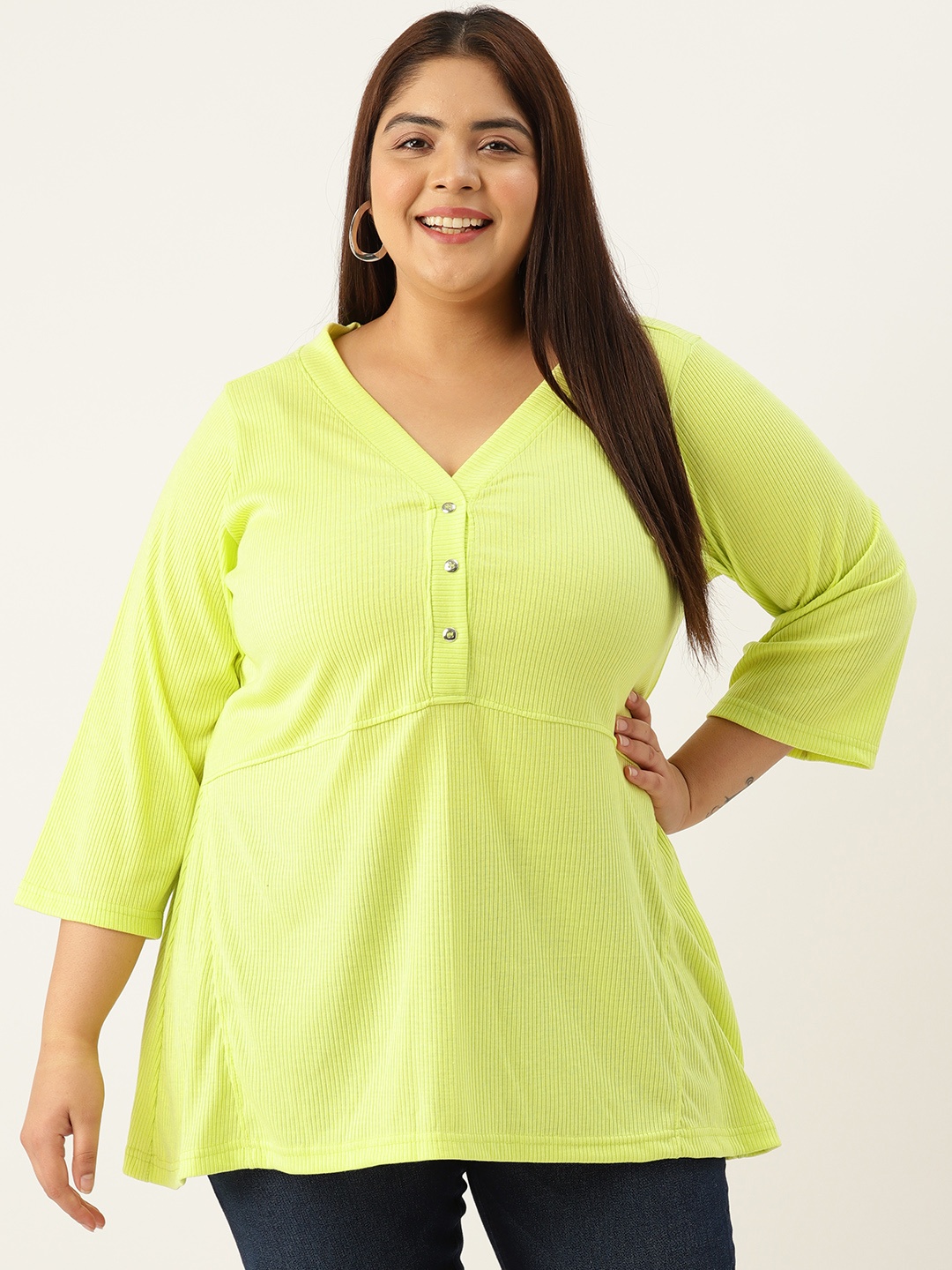 

theRebelinme Plus Size Pure Cotton Longline Top, Lime green