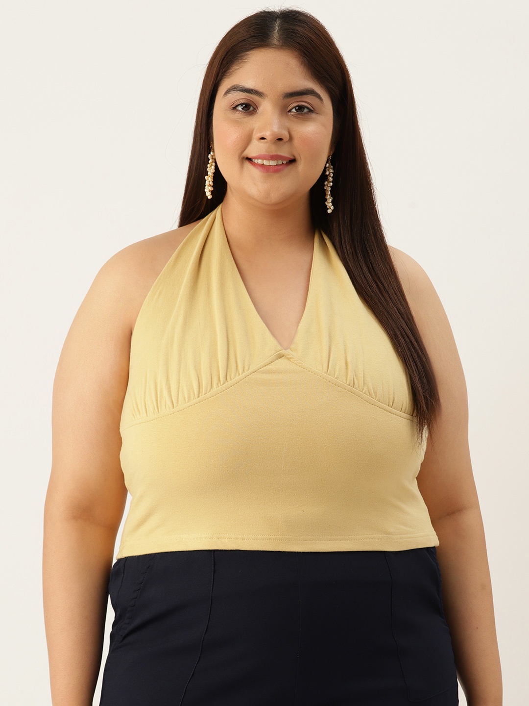 

theRebelinme Plus Size Halter Neck Cotton Crop Top, Beige