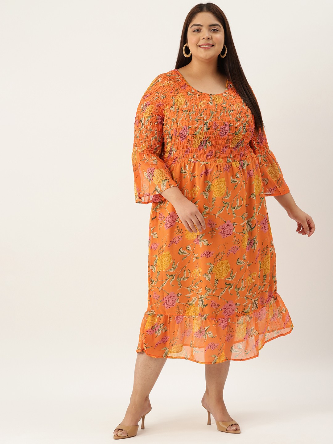 

theRebelinme Plus Size Floral Print Smocked Bell Sleeves Georgette A-Line Midi Dress, Orange