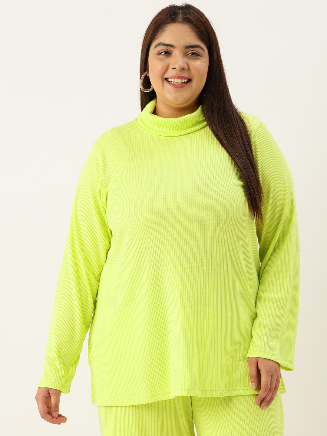 

theRebelinme Plus Size High Neck Pure Cotton Longline Top, Lime green