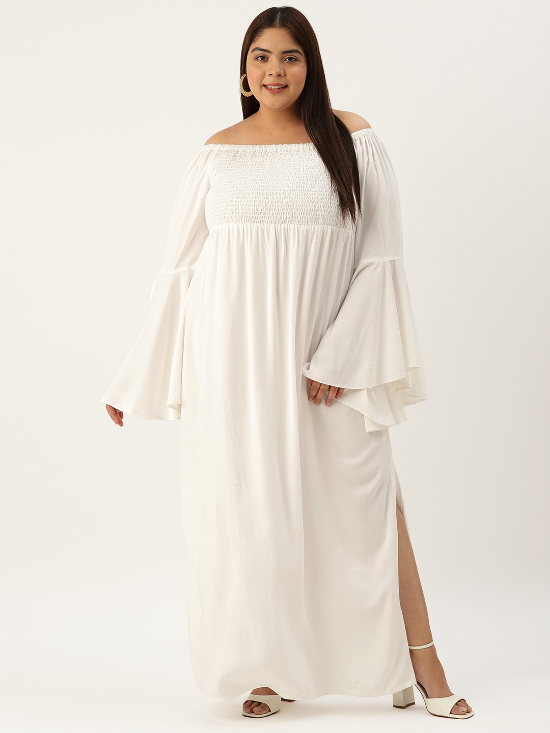 

theRebelinme Plus Size Off-Shoulder Bell Sleeves Smocked A-Line Maxi Dress, White