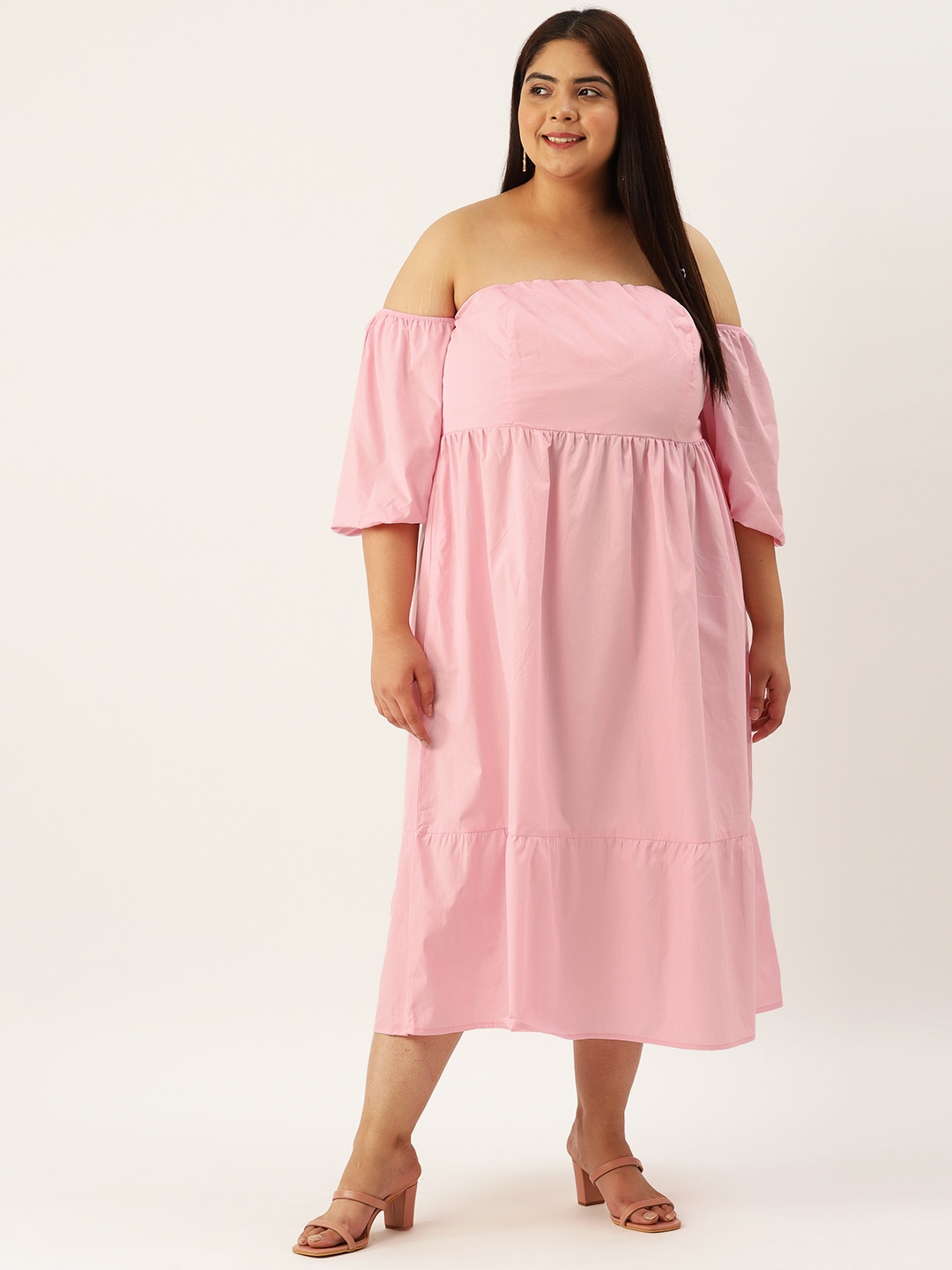 

theRebelinme Plus Size Off-Shoulder Smocked Puff Sleeves Pure Cotton Midi Dress, Pink