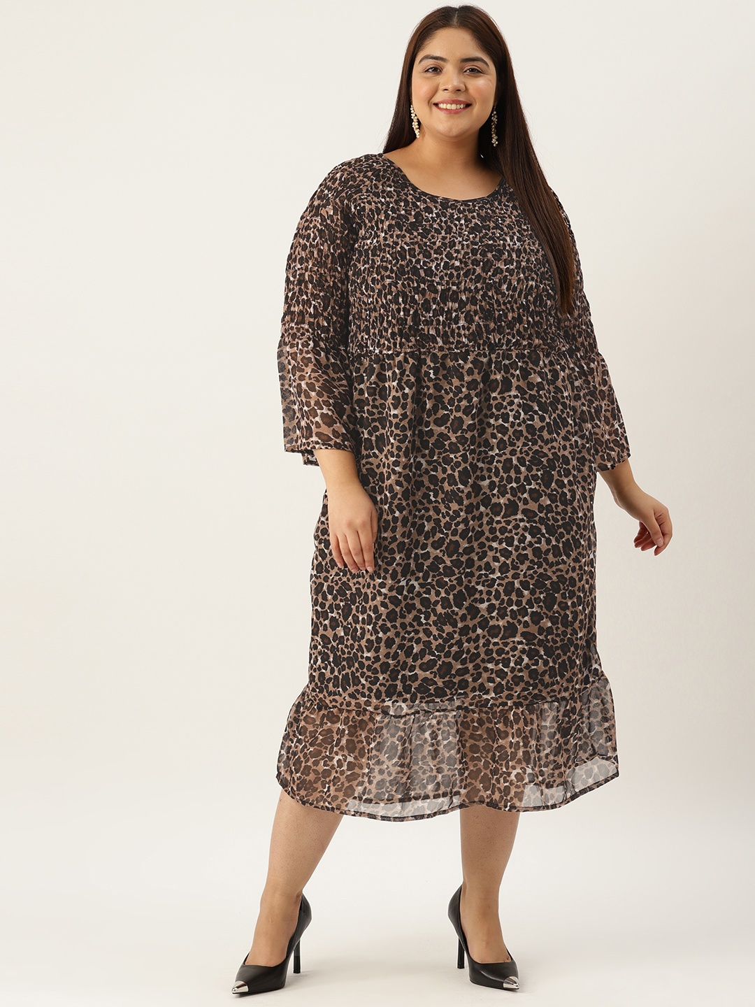 

theRebelinme Plus Size Animal Print Bell Sleeves Georgette A-Line Midi Dress, Black