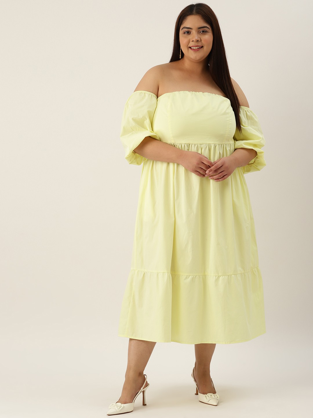 

theRebelinme Plus Size Off-Shoulder Smocked Puff Sleeves Pure Cotton Midi Dress, Lime green