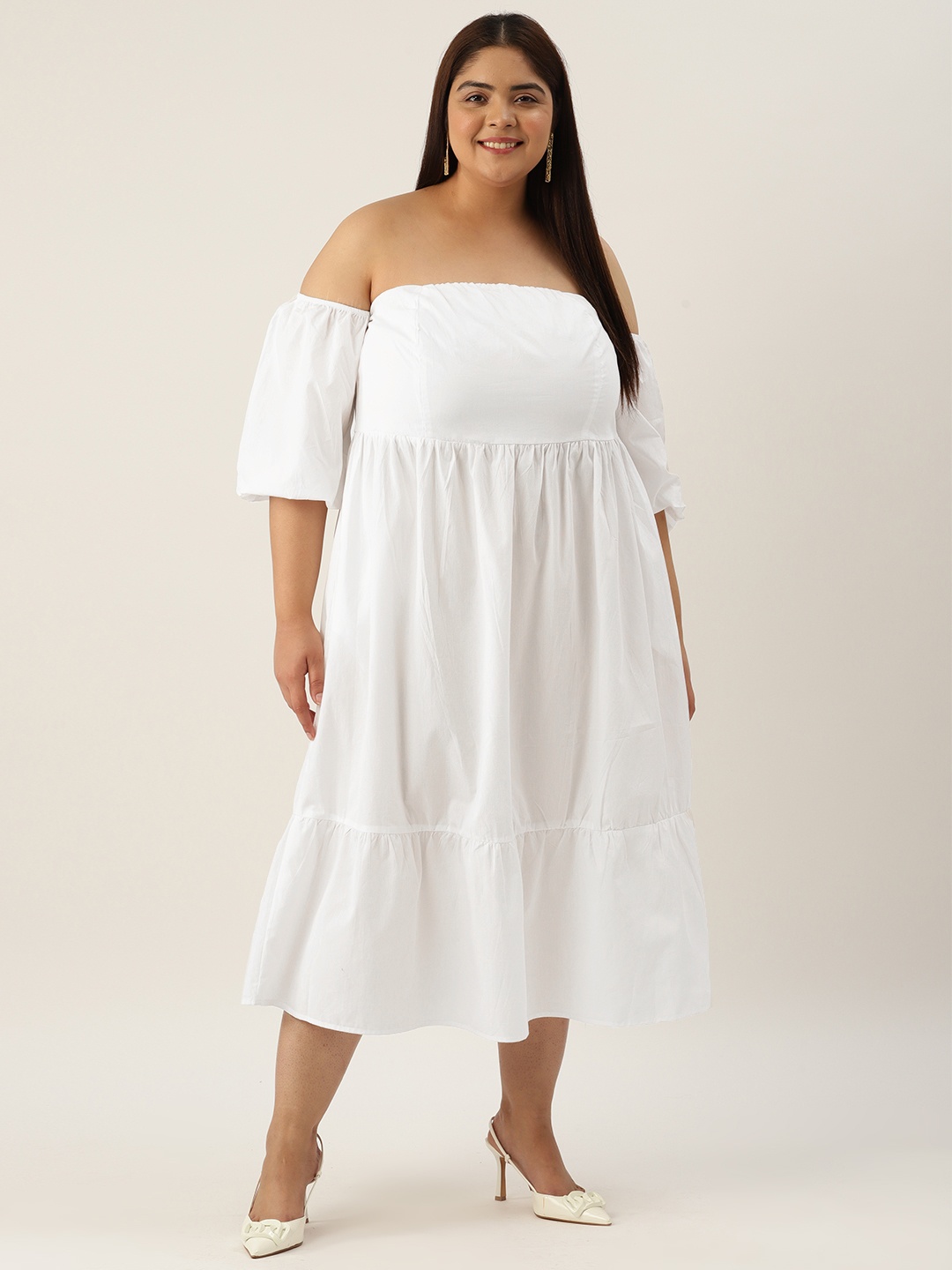 

theRebelinme Plus Size Off-Shoulder Smocked Puff Sleeves Pure Cotton Midi Dress, White