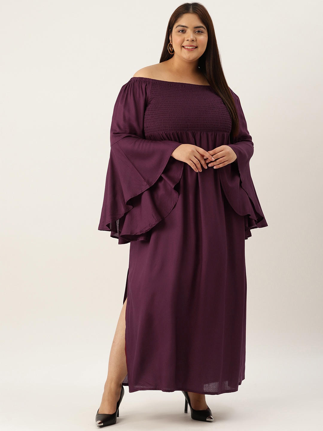 

theRebelinme Plus Size Off-Shoulder Smocked Flared Sleeves A-Line Maxi Dress, Burgundy