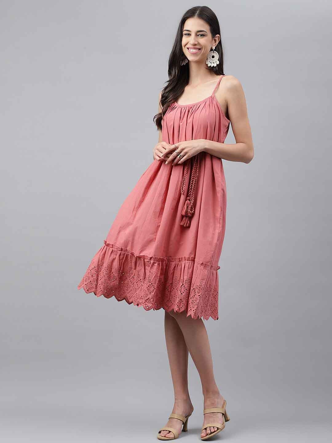 

Janasya Pink Self Design Schiffli Cotton A-Line Midi Dress