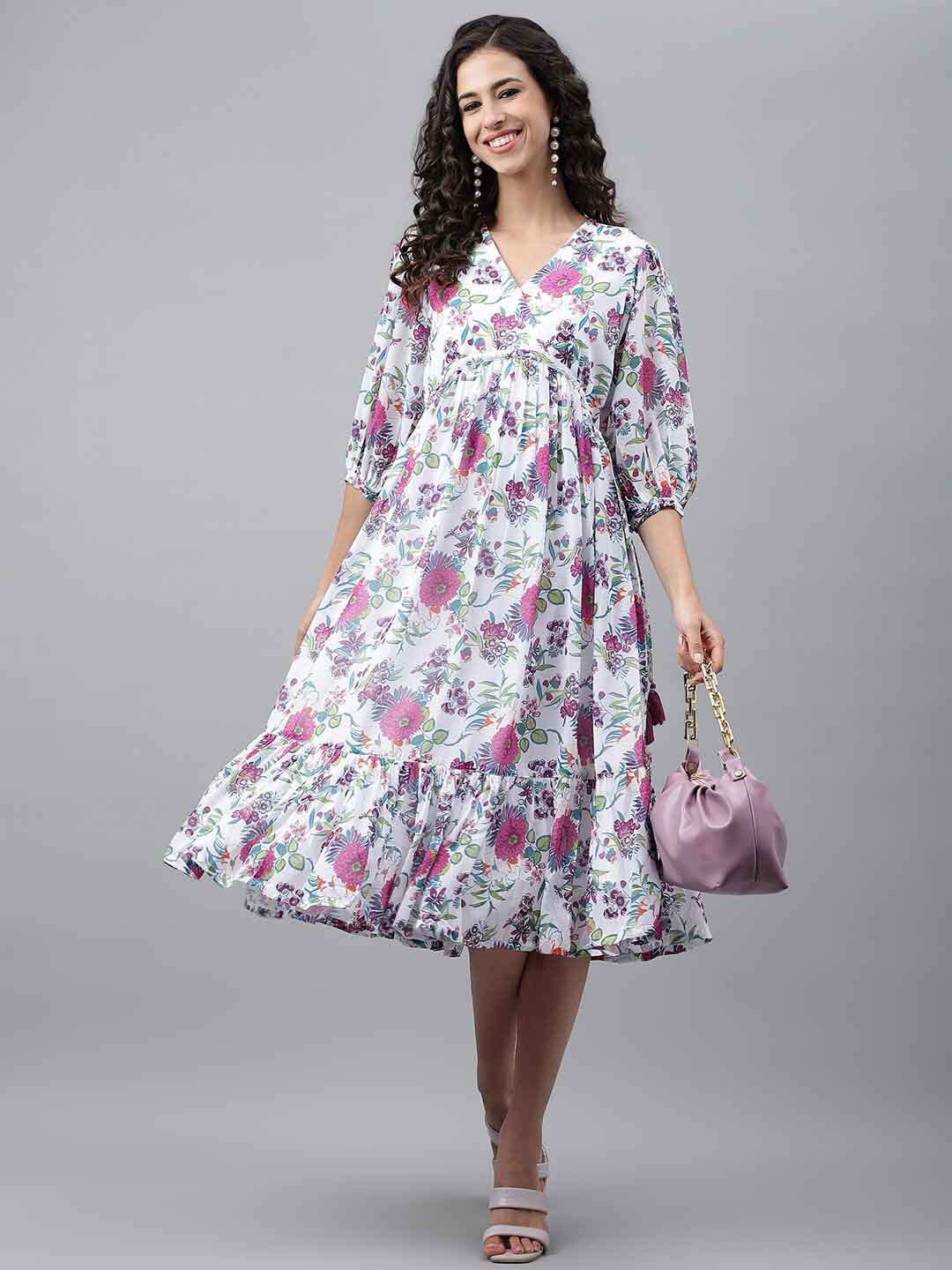 

Janasya White Floral Printed Georgette A-Line Midi Dress