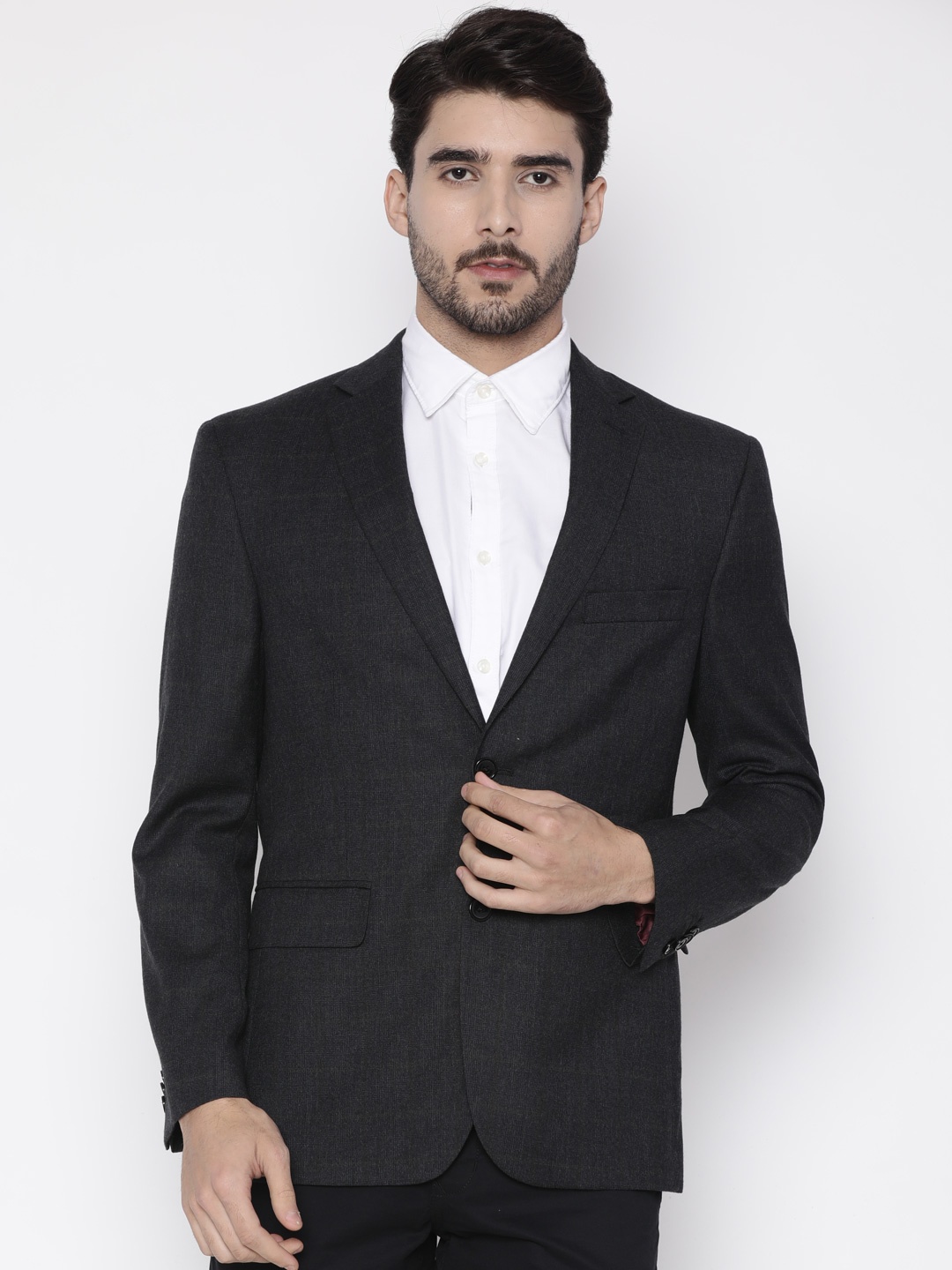 

Theme Charcoal Grey Woollen Slim Fit Single-Breasted Formal Blazer