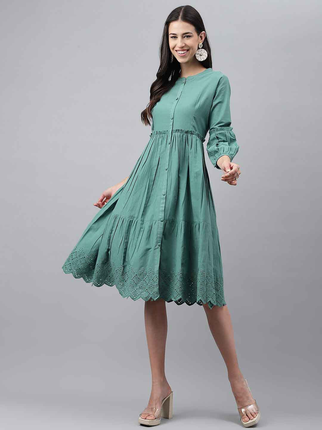 

Janasya Green Self Design Schiffli Cotton Fit & Flare Dress