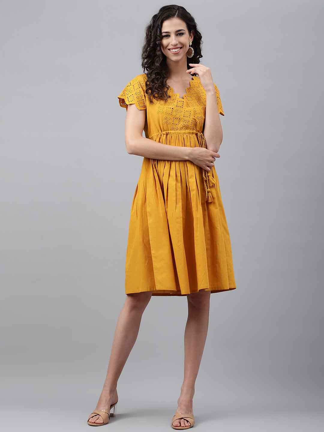 

Janasya Yellow Self Design Schiffli Cotton Fit & Flare Dress, Mustard