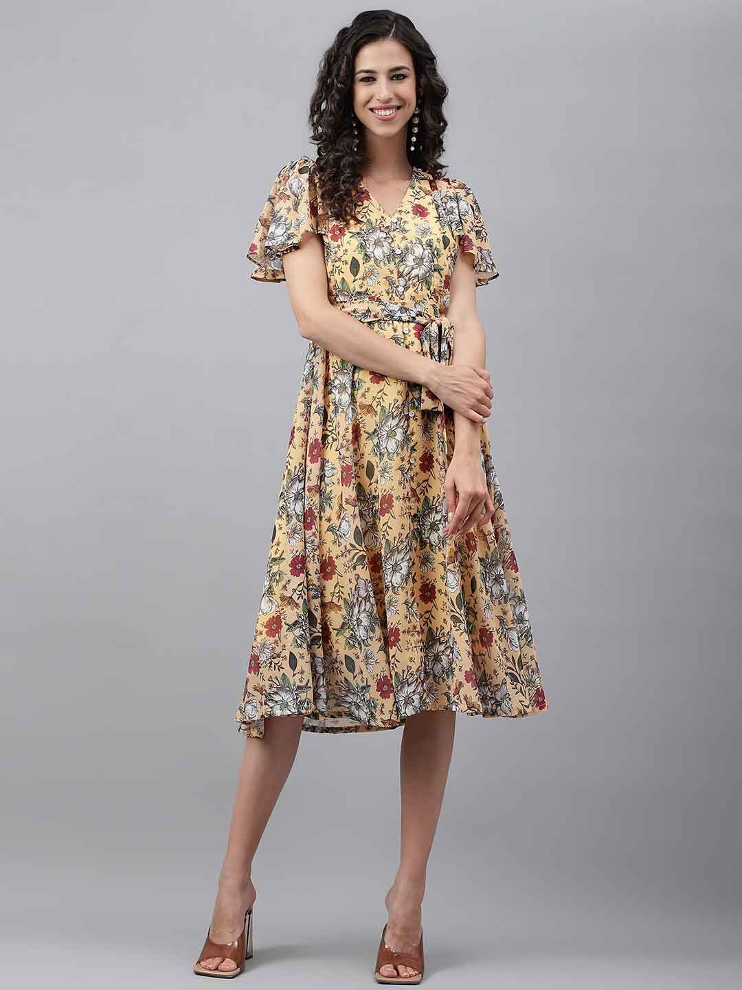 

Janasya Yellow Floral Printed Flared Sleeves Georgette Fit & Flare Midi Dress