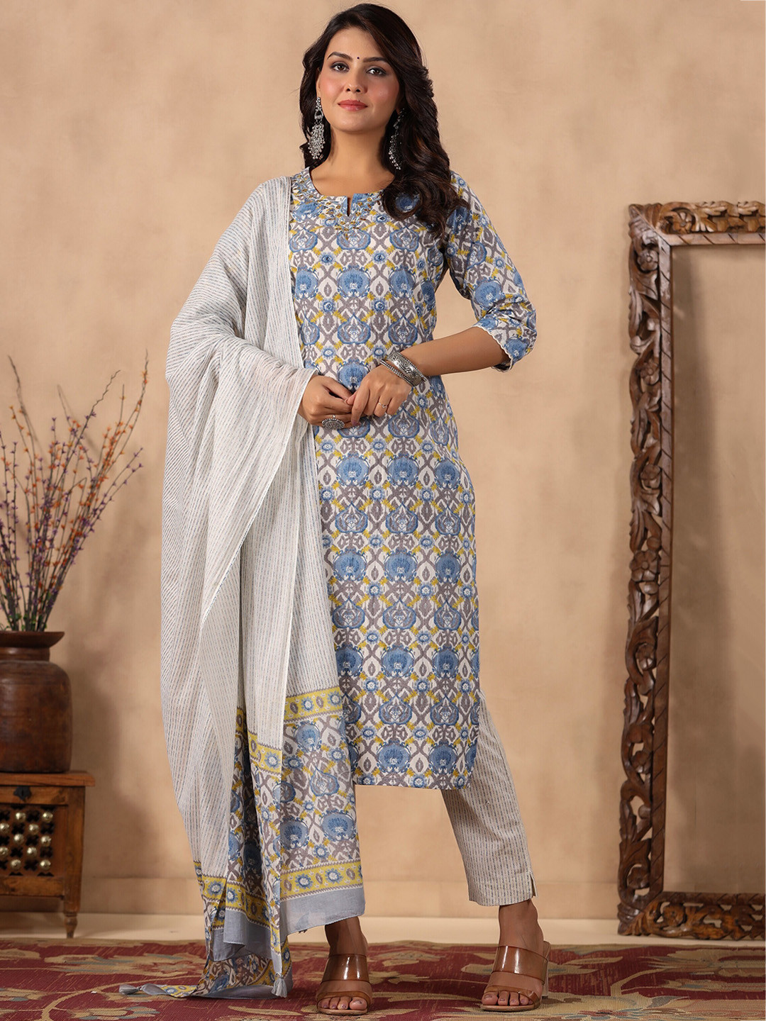 

Readiprint Fashions Floral Printed Pure Cotton Kurta With Trousers & Dupatta, Blue