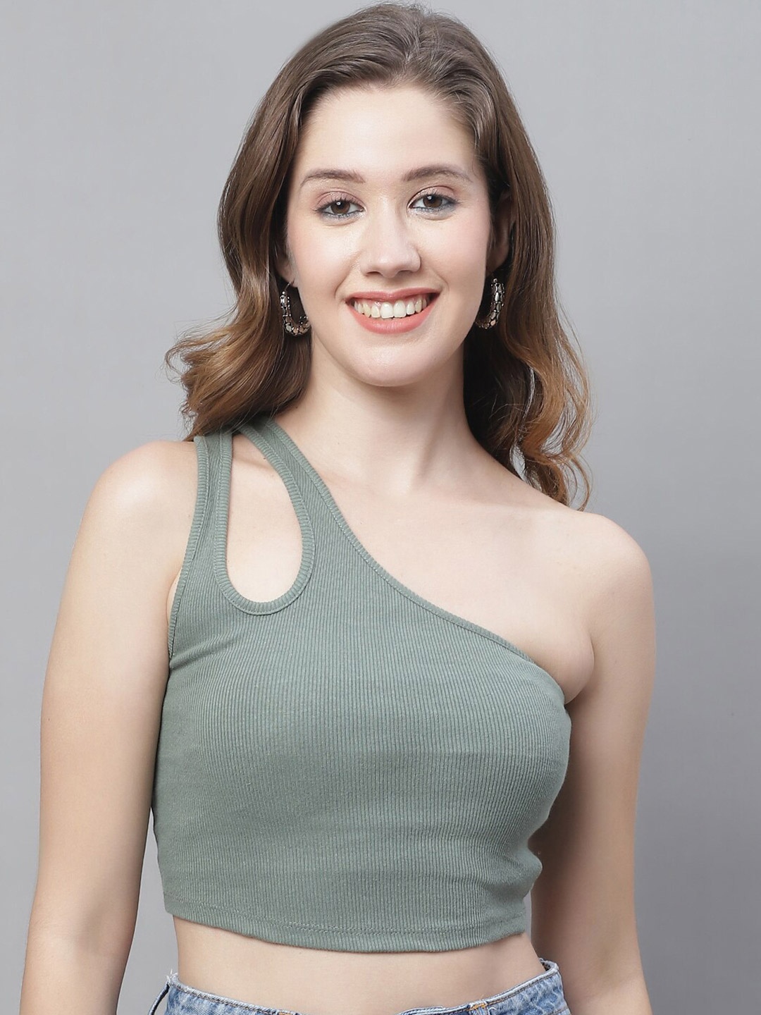 

NoBarr Ribbed One Shoulder Fitted Crop Top, Green