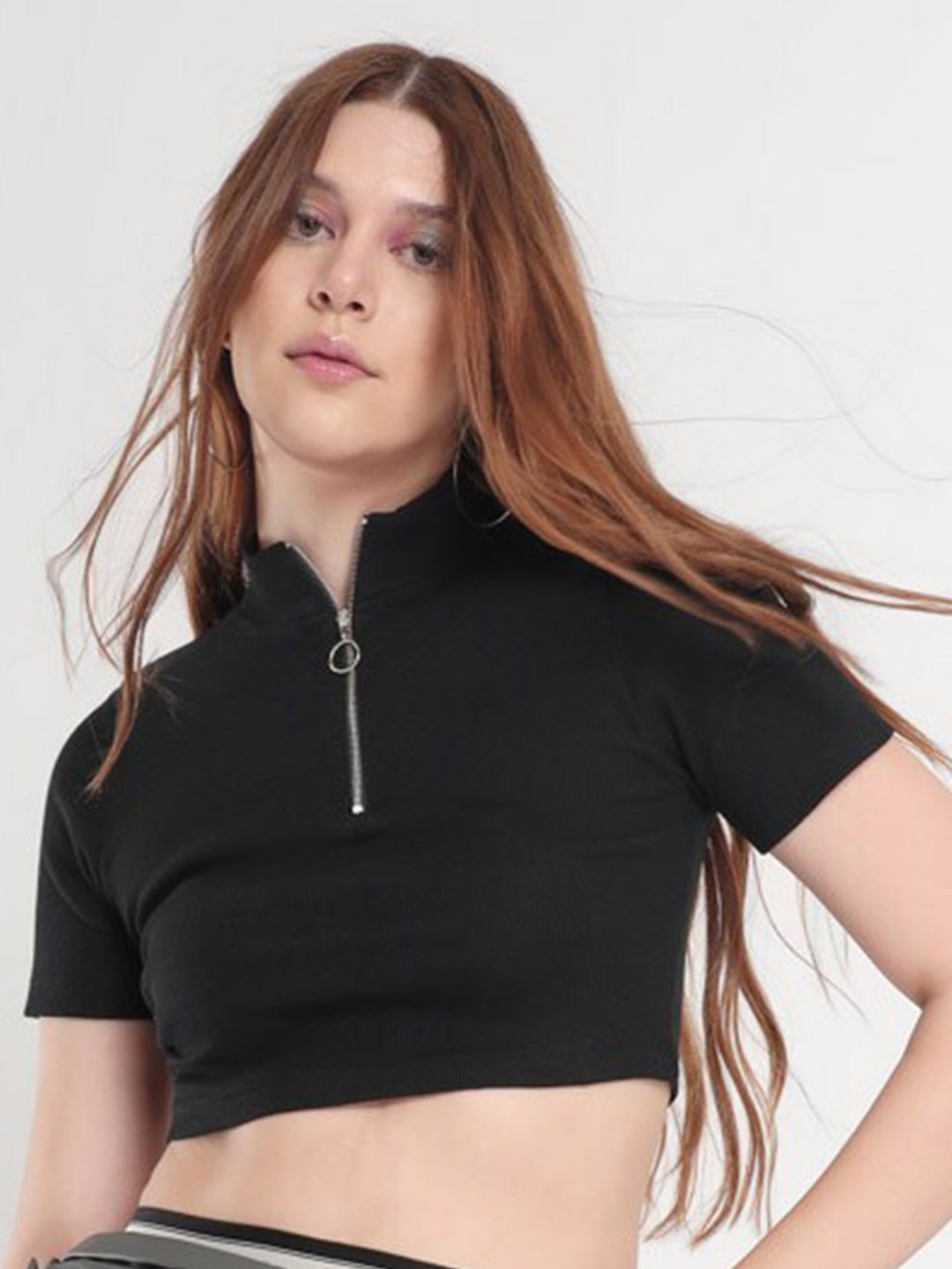 

NOBERO High Neck Cotton Fitted Crop Top, Black