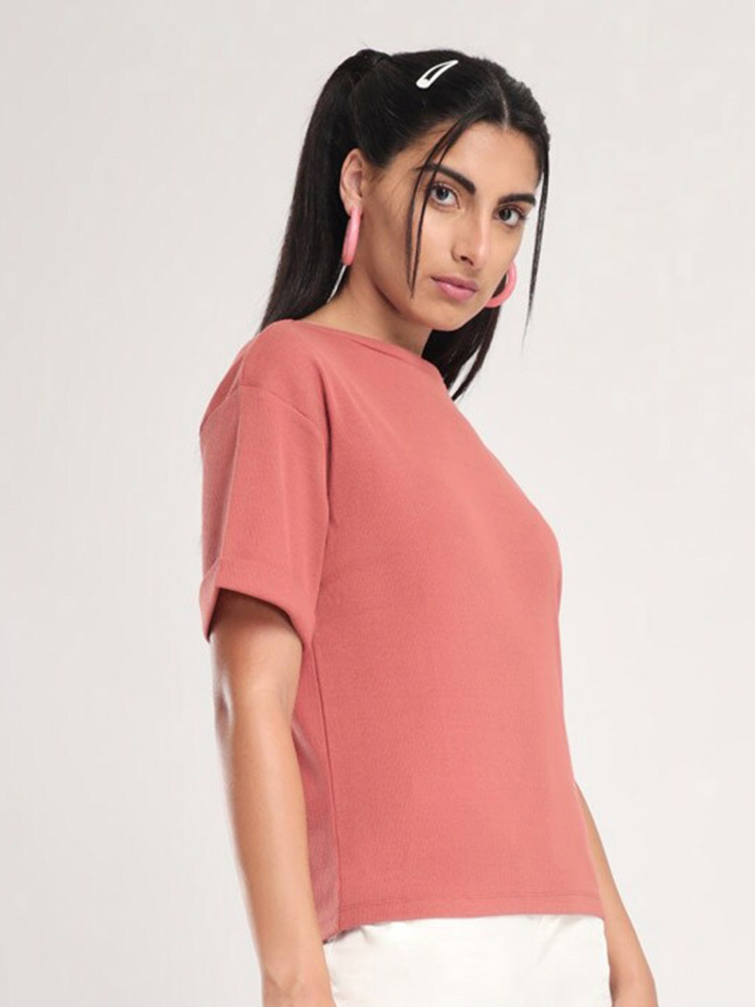 

NOBERO Round Neck Drop-Shoulder Sleeves Cotton T-shirt, Rust