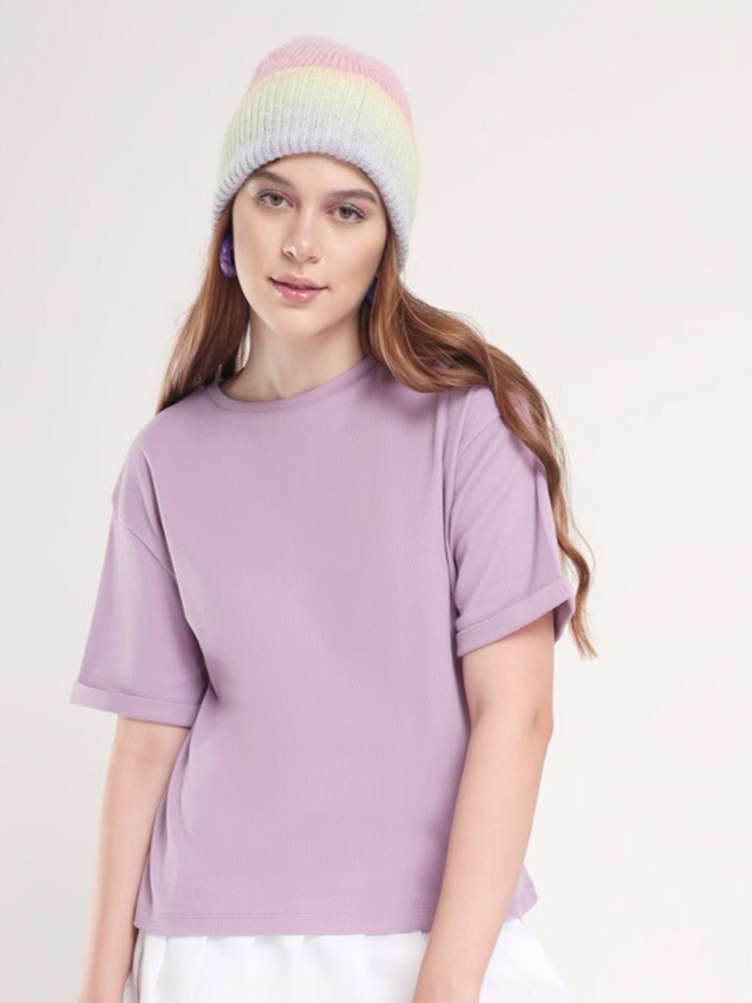 

NOBERO Round Neck Drop-Shoulder Sleeves Cotton T-shirt, Purple