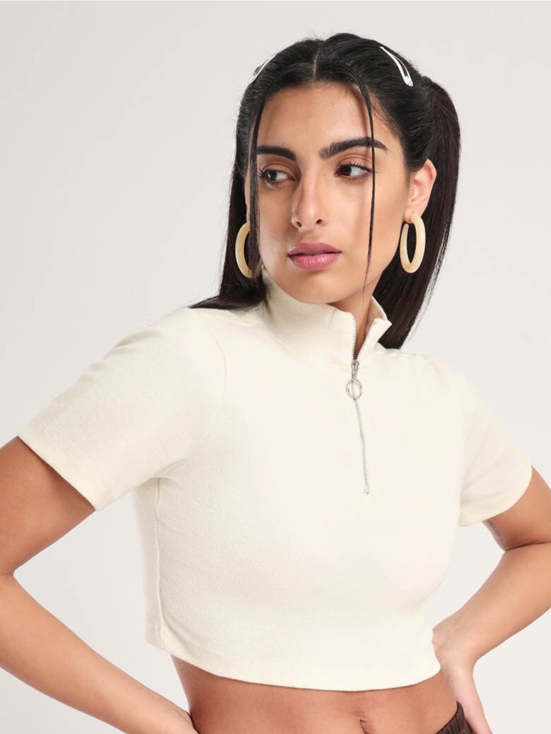 

NOBERO High Neck Cotton Fitted Crop Top, Off white